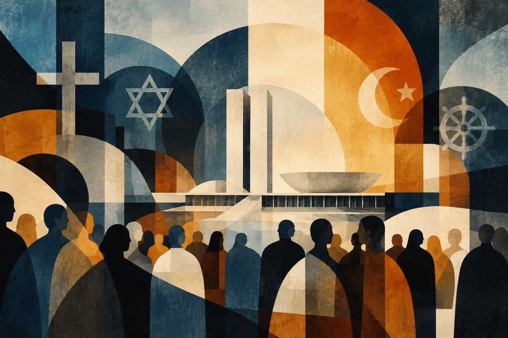 Colagem abstrata com silhuetas humanas, símbolos de diferentes tradições religiosas e arquitetura pública, em tons de azul, creme e laranja.