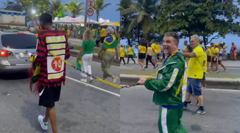 Montagem de imagens de ato político no Rio de Janeiro com homens e uma corrente