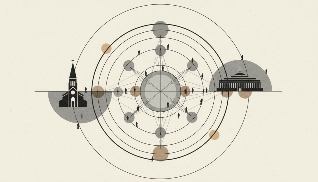 Ilustração abstrata de esferas e redes que se intersectam, simbolizando relações religiosas, circulação de ideias e formação de públicos.