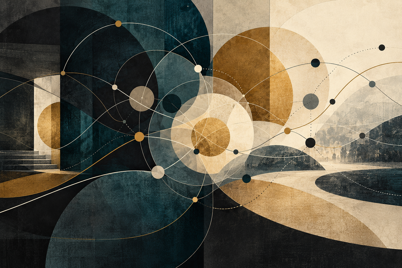 Arte abstrata com círculos e redes interligadas evocando públicos e arenas